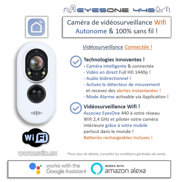 Caméra sans fil de vidéosurveillance WiFi EyesOne 440 HD 1440p et audio bidirectionnel